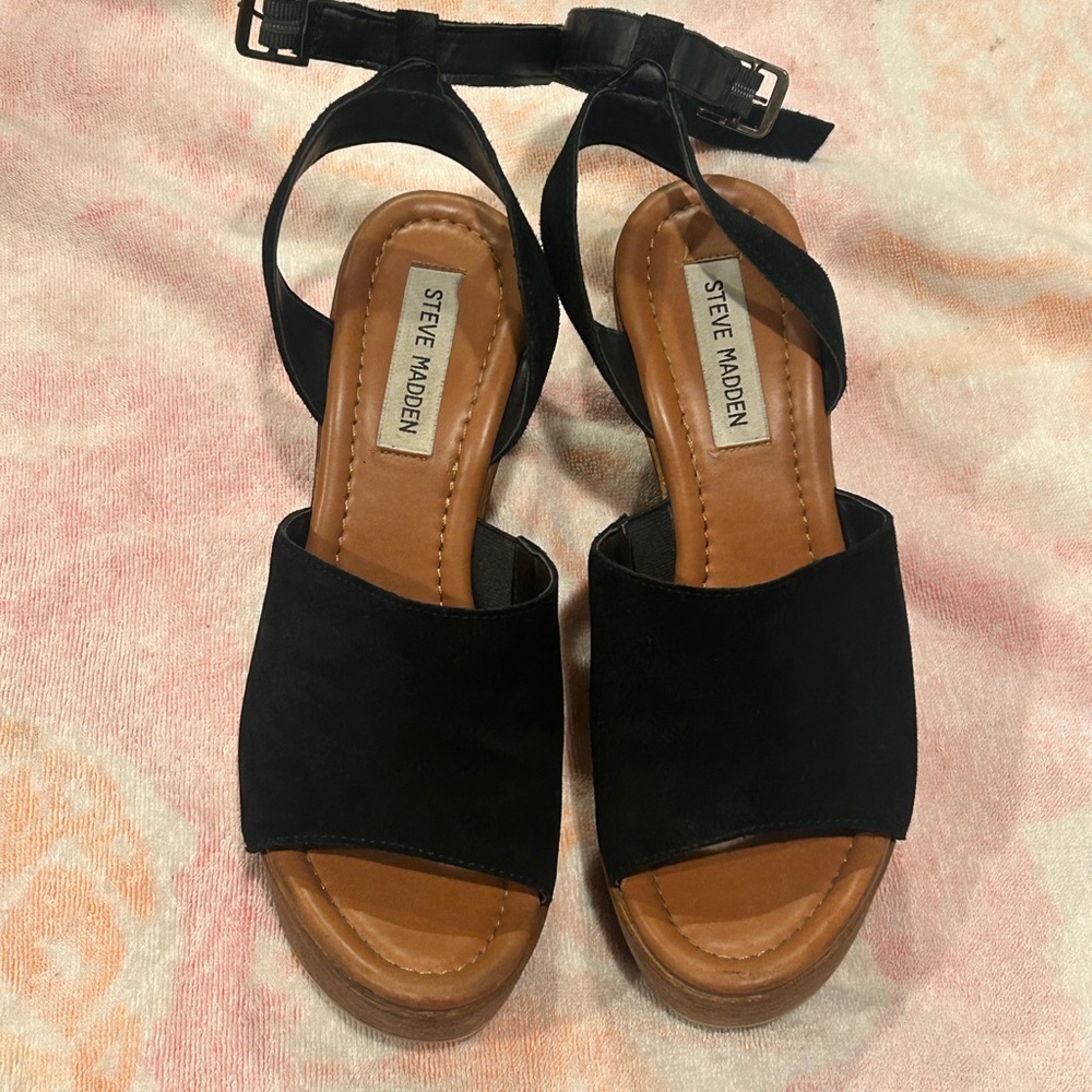 Steve Madden Black Suede Women's Wedge Sandals with Tan Footbed